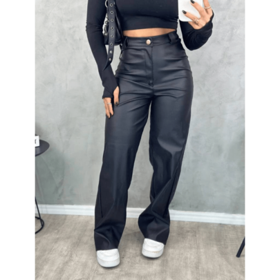 Calça feminina Couro Fake Elástico Wid Leg Luxo Balada Pantalona Moda Gringa Simples