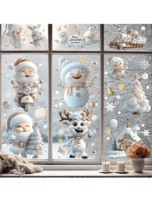 9 Piece Christmas Window Decals - Reusable PVC Snowflake And Winter Scene Decals With Santa Claus, Reindeer, Snowman And Gold Decorations For Holiday Home Decor, Christmas Decorations, Christmas Ornaments
