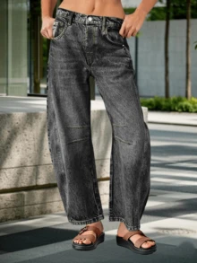 Women's Baggy Vintage Boyfriend Jeans Wide Leg Barrel Denim Pants Mid Rise Outdoor Hiking Travel Casual Denim Ankle Jeans - Xám - Xem 1