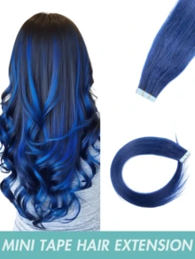Mini Tape In Hair Extensions -Blue Human Hair Colored Hair 12-20 Inch 10PCS/Pack Straight Tape Extensions Invisible Mini Tape Straight Colored Hair Extensions For Women Perfect For Bridal Hairstyles, Birthday Party Looks, Hair , Summer Blonde Vibes, Gift For Women, Easy DIY Hair Valentine's Day - SBULE - View 2