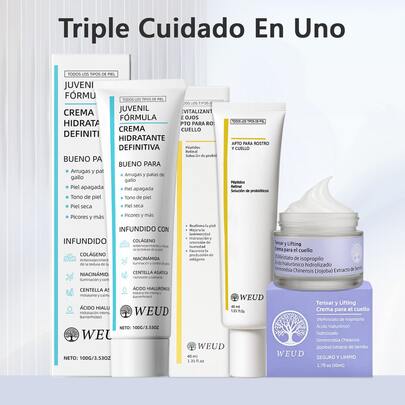  WEUD Trío Reparador de Barrera con Centella Asiática (Crema de Colágeno + Crema Contorno de Ojos Probiótica + Esencia CICA) • Primeros Auxilios para Piel Sensible con Enrojecimiento • 100 g + 40 ml + 50 ml