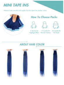 Mini Tape In Hair Extensions -Blue Human Hair Colored Hair 12-20 Inch 10PCS/Pack Straight Tape Extensions Invisible Mini Tape Straight Colored Hair Extensions For Women Perfect For Bridal Hairstyles, Birthday Party Looks, Hair , Summer Blonde Vibes, Gift For Women, Easy DIY Hair Valentine's Day - SBULE - View 6