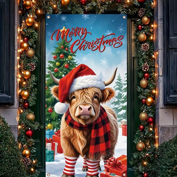 70x35 Inch Christmas Highland Cow Burlap Door Banner - Holiday Polyester Hanging Sign With Santa Hat, Plaid Scarf And Snowy Background, 4 Grommets For Easy Installation, Suitable For Holiday Decoration