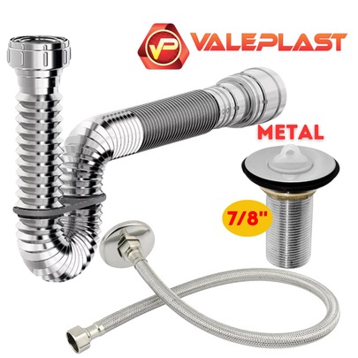 Kit Lavatório Cromado Sifão Sanfonado + Válvula de Pia Metal Cromado + Engate 60cm Aço Inox Flexível