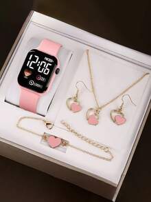 Set 5 bucăți, ceas digital elegant pentru femei + colier, brățară, cercei, set de bijuterii, cadou de Halloween, cadou de Crăciun, cadou pentru fete, cadou de ziua de naștere, cel mai bun cadou pentru viața de școală.