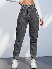 Kissmelady 8419 Tapered Jeans Zipper Women's Mom Jeans With Scratches 8419 - 黑色 - 查看 3