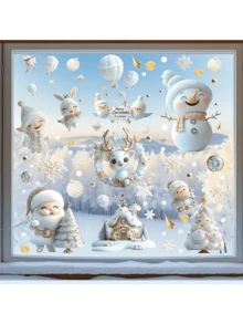 9 Piece Christmas Window Decals - Reusable PVC Snowflake And Winter Scene Decals With Santa Claus, Reindeer, Snowman And Gold Decorations For Holiday Home Decor, Christmas Decorations, Christmas Ornaments
