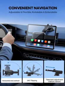 REMAX 通用型360°旋转车载手机/iPad平板电脑支架；三合一多功能设计，适用于中控台、空调出风口和挡风玻璃；稳固抓握；汽车旅行配件；iPad车载支架；汽车配件 - 黑色 - 查看 3