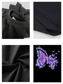 Elegante camiseta de algodón para mujer con diseño artístico de estampado de mariposas, cómoda camiseta informal de verano, moderna camiseta de manga corta para uso diario, elegante camiseta gráfica para mujer. - Negro - Ver 4