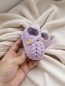 1 Pair Handmade Crochet Infant Shoes, Light Purple Color With Button Decor, Infant Size - Mauve Purple - View 2