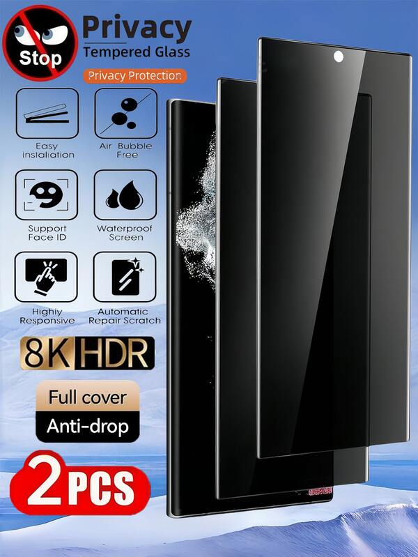 2片装3D曲面钢化玻璃屏幕保护膜，兼容三星Galaxy、红米、荣耀、Realme、OPPO、VIVO、一加等手机。无气泡，易于安装，稳固不脱落。防碎裂，全覆盖，触控灵敏，易于安装/防摔防刮。隐私保护玻璃膜，屏幕保护必备，适用于日常防护、办公、居家等多种场景。防水、防震、防摔。