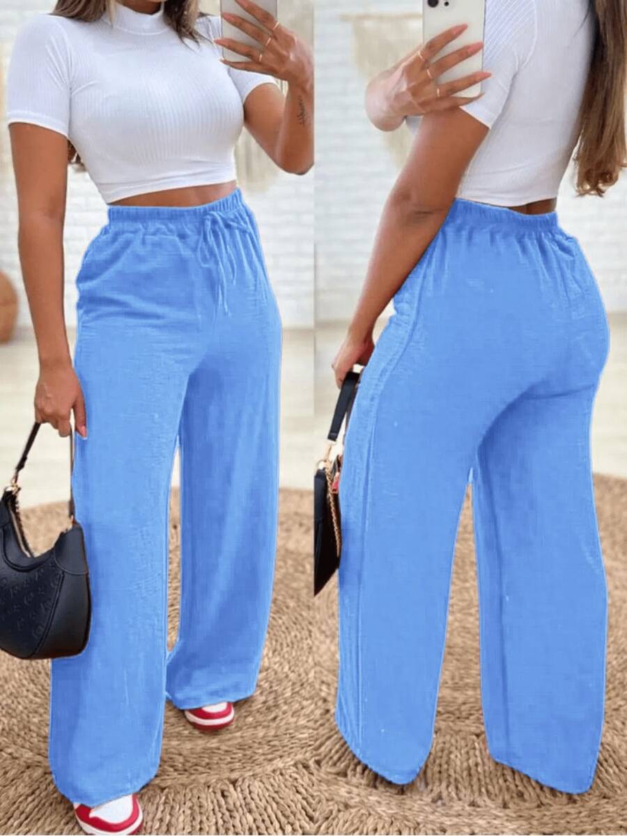 Calça pantalona feminina duna sem fenda com elastico na cintura fechado lateral pra verao - azul celeste - Visão 1