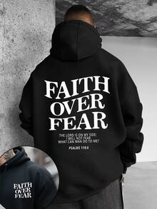 Men's Casual Hoodies With "FAITH OVER FEAR" Double-Side Letter Graphic Print, High Quality Retro Street Style Long Sleeve For Going Out - 黑色 - 查看 1