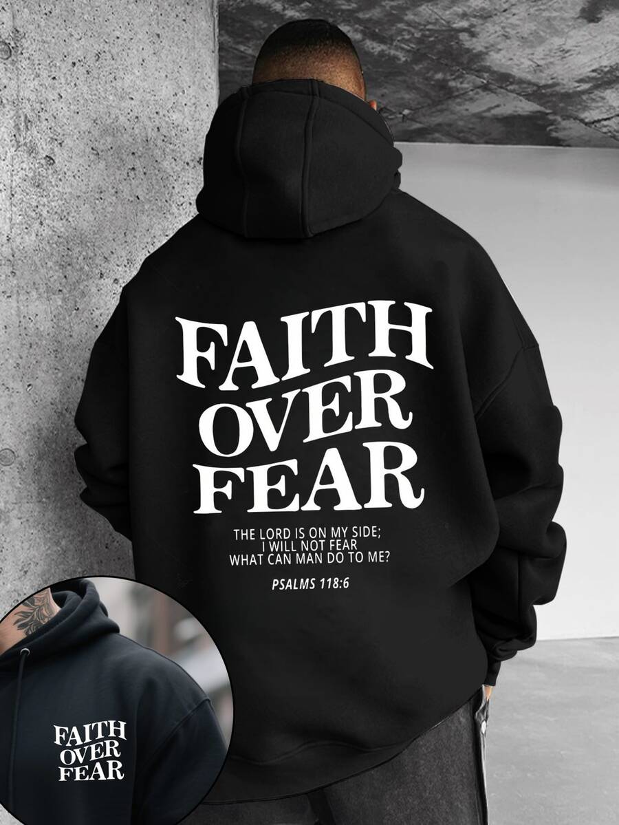 Men's Casual Hoodies With "FAITH OVER FEAR" Double-Side Letter Graphic Print, High Quality Retro Street Style Long Sleeve For Going Out - 黑色 - 查看 1