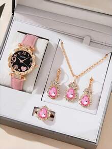 6件套：时尚简约圆形阿拉伯心形石英表 + 蝴蝶首饰套装/心形钻石套装/水滴形钻石套装（戒指、耳环、手链、项链），万圣节、圣诞节、情人节、母亲节、节日最佳礼物 - 彩色 - 查看 13