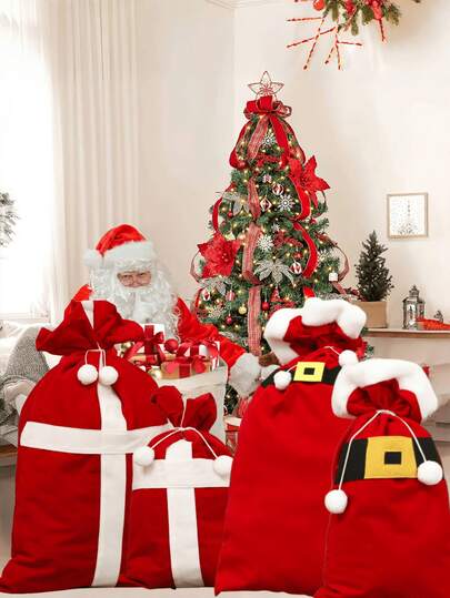 1Pc Christmas Large Red Bags Christmas Large And Small Gift Bags Solid Red Polyester Bags Drawstring Packaging Bags Snack Storage Bags For Christmas Party Christmas Gift Bags
