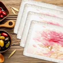 1 pieza Mantel individual con estampado floral de lino con flecos, mantel de mesa de comedor lavable, decoración del hogar, vajilla, cocina, decoración de fiesta interior/exterior, regalo ideal - Multicolor - Ver 35