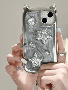 Carcasă de telefon mobil drăguță cu urechi de pisică electrolizate, gri ciment, pliabile, în formă de inimă, cu oglindă de machiaj cu stras, compatibilă cu 11/12/13/14/15pro Max