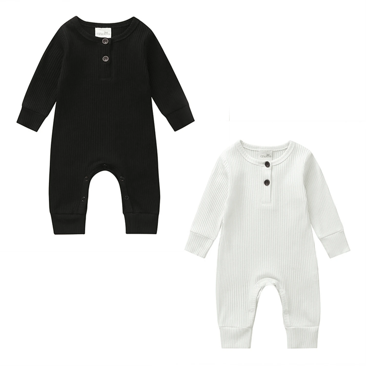 Newborn Baby Boy Girl Knitted Rib Romper Infant One Piece Jumpsuit Cotton Solid Long Sleeve  Bodysuit Basic Coming Home Outfits - 黑色+白色 - 查看 1
