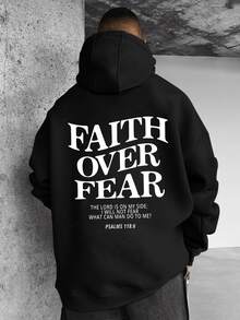 Men's Casual Hoodies With "FAITH OVER FEAR" Double-Side Letter Graphic Print, High Quality Retro Street Style Long Sleeve For Going Out - 黑色 - 查看 2