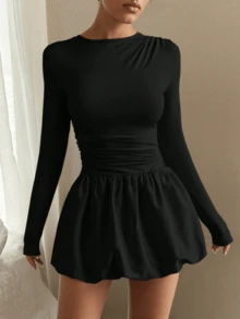 Vestido corto de manga larga con cuello redondo y dobladillo con volantes esponjosos de color liso para mujer, estilo tulipán simple e informal, adecuado para fiestas de primavera y otoño y ocasiones diarias. - Negro - Ver 6