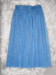 Saia midi  de tule renda bolinha com forrar moda feminina  Blingbling    elegante  Festa  Casual    Tecido de malha    Plissado  Malha Contraste    Praia    JY - Azul bebê - Visão 2