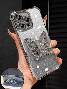 奢华电镀银色手机壳，创意蝴蝶支架，闪亮水钻，防震，时尚硅胶软壳保护套，兼容 16/16E/15/14/13/12/11/X/XS/XR/8/7 Plus/Pro/Max/Mini，兼容Galaxy S24/S25 Ultra，兼容Redmi，兼容Honor，兼容OPPO Reno，兼容MOTO，兼容Infinix，男女通用，2025款，国际版，非国内版 - 銀色 - 查看 3