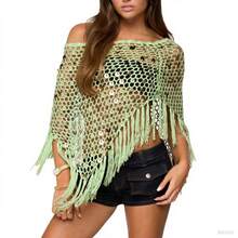 Sequin Crochet Cover Up For Women Hollowed Tassel Off Shoulder Knitted Poncho  Coverup Tops - Light Green - View 7