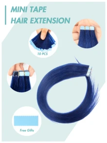Mini Tape In Hair Extensions -Blue Human Hair Colored Hair 12-20 Inch 10PCS/Pack Straight Tape Extensions Invisible Mini Tape Straight Colored Hair Extensions For Women Perfect For Bridal Hairstyles, Birthday Party Looks, Hair , Summer Blonde Vibes, Gift For Women, Easy DIY Hair Valentine's Day - SBULE - View 4