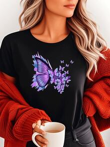 Elegante camiseta de algodón para mujer con diseño artístico de estampado de mariposas, cómoda camiseta informal de verano, moderna camiseta de manga corta para uso diario, elegante camiseta gráfica para mujer. - Negro - Ver 2