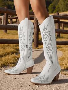Vintage Women's Cowgirl Boots Pointed Toe Embroidery Side Zipper Chunky Mid Heel Pull On Long Boots For Women Country Concert White Cowboy Boots Women - 白色 - 查看 5
