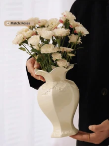 1 pieza Jarrón de cerámica con relieve de estilo francés retro, diseño de rosa tallada redonda, elegante decoración del hogar para mesa, jarrón altamente atractivo para arreglos florales, decoración de sala de estar y dormitorio, jarrón para centros de mesa