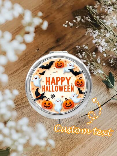 2D Flat, 1pc Customized Portable Foldable Round Makeup Mirror With Happy Halloween & Ghost Design - Vibrant Colors, Battery-Free, Suitable For On-The-Go Grooming, Summer Holidays, Halloween Decor - Great Gift For Women, Holiday Accessory, Festival Decoration, Cheerful Design, Halloween Gift, Holiday Present