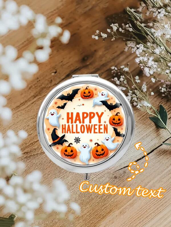 2D Flat, 1pc Customized Portable Foldable Round Makeup Mirror With Happy Halloween & Ghost Design - Vibrant Colors, Battery-Free, Suitable For On-The-Go Grooming, Summer Holidays, Halloween Decor - Great Gift For Women, Holiday Accessory, Festival Decoration, Cheerful Design, Halloween Gift, Holiday Present