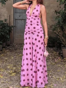 Women Chiffon Polka Dot Printing Halter Elegant Sleeveless Backless Skinny Pleated Beach Evening Party Maxi Dress - Hồng - Xem 4