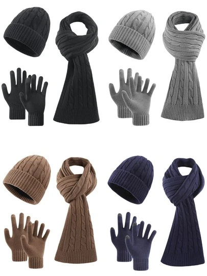 3-pack minimalistisk enfärgad och randig stickad mössa, halsduk och fingerlösa handskar för män, mjukt termofodrat, varm och vindtät, lämplig för höst/vinter utomhus, sport, fritid