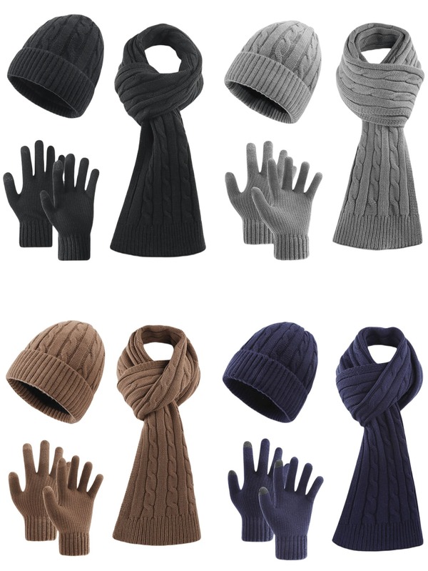 3pcs Men's Minimalist Solid & Striped Knit Hat, Scarf, Fingerless Gloves Set, Soft Thermal Lined, Warm & Windproof, Suitable For Autumn/Winter Outdoor, Sports, Casual