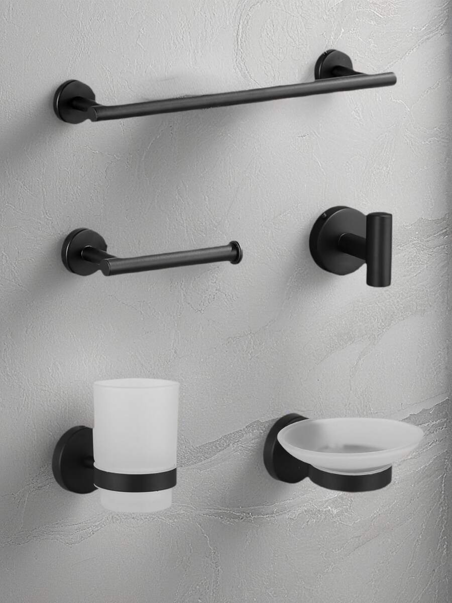1 Set Black Bathroom Storage Hooks - Round Towel Ring - Bathroom Hanging Hooks - Toothbrush Holder - Stainless Steel Storage Hooks - Toilet Paper Holder - Soap Dish