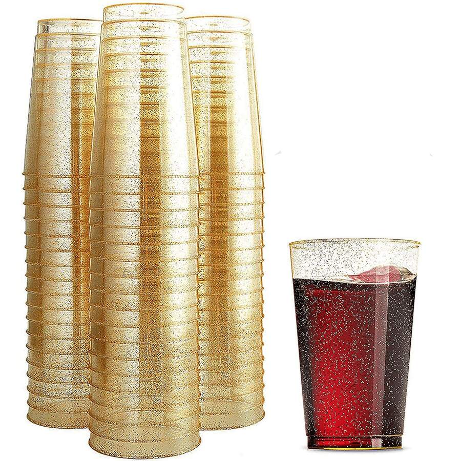 12 Oz 50 PCS Gold Glitter Plastic Cups, Gold Rimmed Disposable Wine Glasses Disposable Glitter Cups, Elegant Plastic Cocktail Glasses, Gold Rimmed Plastic Cups, Fancy Party Cups For Wedding, Birthday, Holiday - Vàng Flash 12 oz - Xem 1