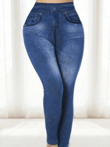 女士无缝高弹力紧身裤牛仔效果健身跑步修身裤高腰休闲裤街头打底裤 - 藏蓝色 - 查看 2