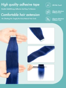 Mini Tape In Hair Extensions -Blue Human Hair Colored Hair 12-20 Inch 10PCS/Pack Straight Tape Extensions Invisible Mini Tape Straight Colored Hair Extensions For Women Perfect For Bridal Hairstyles, Birthday Party Looks, Hair , Summer Blonde Vibes, Gift For Women, Easy DIY Hair Valentine's Day - SBULE - View 3