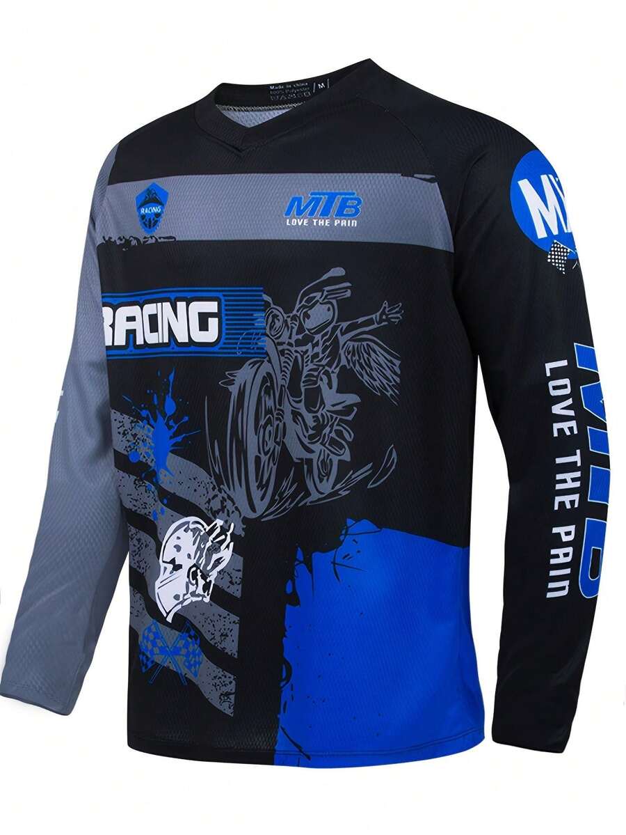 男式渐变图案长袖山地骑行服，适合骑行运动，蓝黑色，舒适透气 - 藍色 - 查看 1