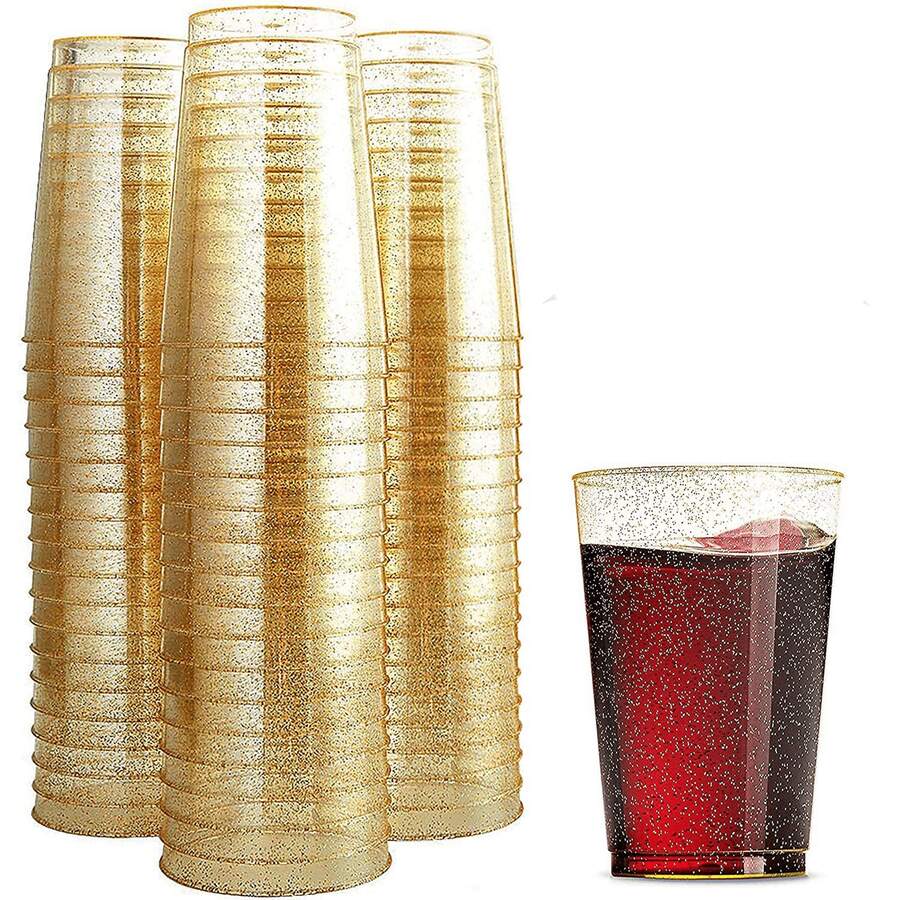 10 Oz 50 PCS Gold Glitter Plastic Cups, Gold Rimmed Disposable Wine Glasses Disposable Glitter Cups, Elegant Plastic Cocktail Glasses, Gold Rimmed Plastic Cups, Fancy Party Cups For Wedding, Birthday, Holiday - Vàng Flash 10 oz - Xem 1