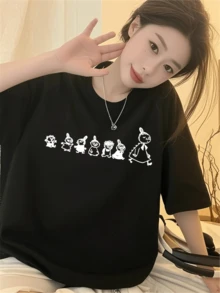 200g Pure Cotton T-Shirt 2025 Summer Ladies New Short Sleeve Pure Cotton Holiday Pattern Short Sleeve Round Neck Couple Wear Small Shirt Tops - màu đen - Xem 2