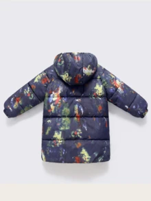 1 pieza Abrigo acolchado de algodón con capucha elástica de color azul marino y multicolor para niños, Parka de algodón de longitud media para niños y niñas, Chaqueta con cremallera para niños, Ropa de algodón para niños pequeños