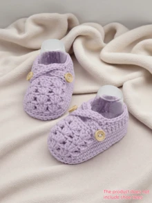 1 Pair Handmade Crochet Infant Shoes, Light Purple Color With Button Decor, Infant Size - Mauve Purple - View 1