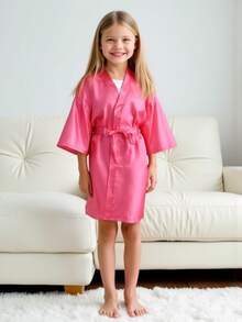 Tween Girl Solid Color Casual Loose Waist Tie Robe - Multicolor - View 5
