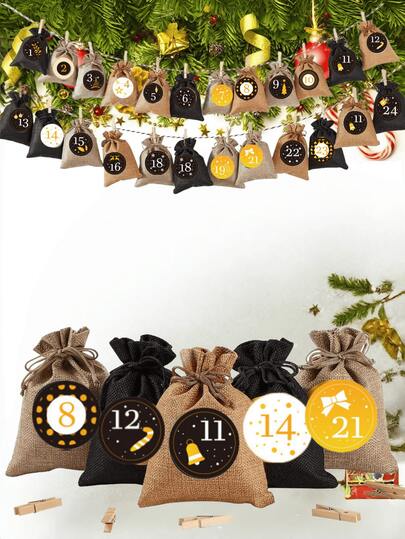 24 Pezzi Sacchetti Calendario dell'Avvento Natalizio, Borse in Juta da Appendere, Borse con Coulisse per Regali, Borse in Juta per Natale e Capodanno, Adatte per Calendario dell'Avvento Fai-da-Te, Decorazione Natalizia, 3 Colori con molletta, Adesivi con Numeri e Corda