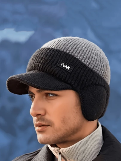 1 pieza Gorro de invierno de punto para hombres con orejeras y visera, 100% acrílico cálido y elástico, opciones de multicolor, adecuado para viajes al aire libre, deportes y uso casual, lavar a mano Gorro de invierno