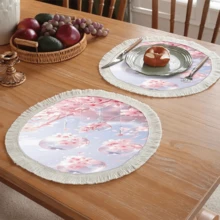 1 pieza Mantel individual con estampado floral de lino con flecos, mantel de mesa de comedor lavable, decoración del hogar, vajilla, cocina, decoración de fiesta interior/exterior, regalo ideal - Multicolor - Ver 3